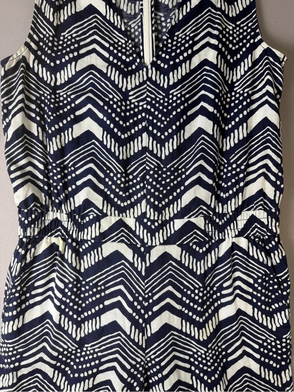 J. Crew Navy & White Chevron Linen and Cotton Jumpsuit Size 2 Elastic Waist NWOT